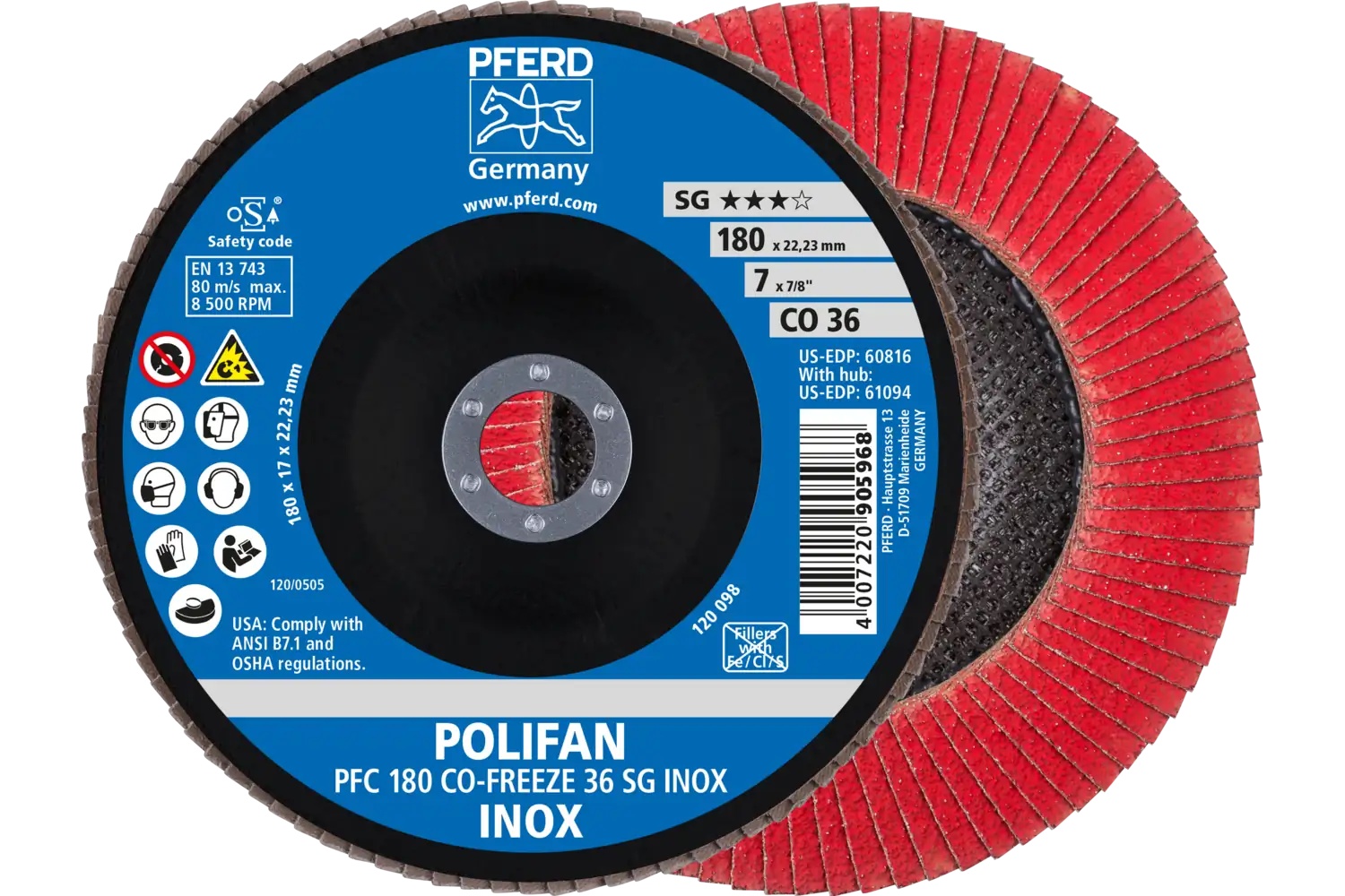 Picture of Pferd Flap Disc, 7" x 7/8, CO-Freeze SG Inox, 36 Grit, T29, Conical, Ceramic